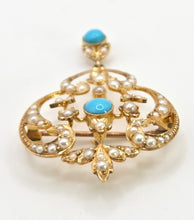 Load image into Gallery viewer, 1461 Antique: 15ct Gold Turquoise Seed Pearls Pendant
