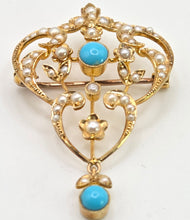 Load image into Gallery viewer, 1461 Antique: 15ct Gold Turquoise Seed Pearls Pendant
