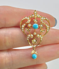 Load image into Gallery viewer, 1461 Antique: 15ct Gold Turquoise Seed Pearls Pendant

