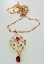 Load image into Gallery viewer, 1651 Antique (Edwardian) 9ct Gold Garnets Seed Pearls Pendant &amp; Figaro Necklace
