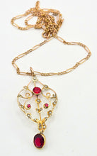 Load image into Gallery viewer, 1651 Antique (Edwardian) 9ct Gold Garnets Seed Pearls Pendant &amp; Figaro Necklace
