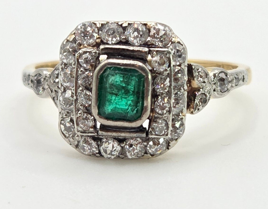 7138 Vintage: Art Deco 18ct Gold Platinum Emerald 34 Natural Diamonds Panel Ring