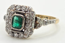 Cargar imagen en el visor de la galería, 7138 Vintage: Art Deco 18ct Gold Platinum Emerald 34 Natural Diamonds Panel Ring
