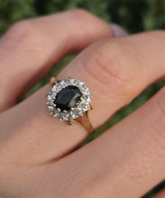 Load image into Gallery viewer, 0147 Vintage: 9ct Gold Australian Blue Sapphire 16 Natural Diamonds Diana Style Cluster Ring
