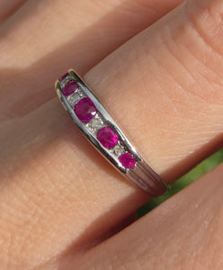 2164 Vintage 9ct White Gold Rubies Natural Diamonds Stacker Ring