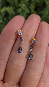 2214 Vintage: 9ct Gold Iolite & Tanzanite Drop Stud Earrings