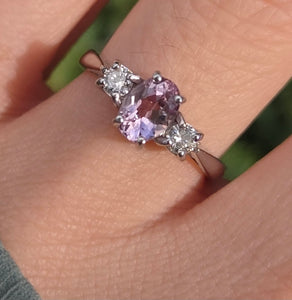 2243 Vintage; 9ct White Gold Pink Morganites Daimons 3-Stone Ring