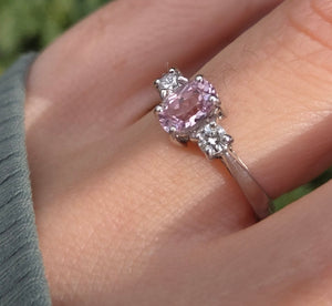 2243 Vintage; 9ct White Gold Pink Morganites Daimons 3-Stone Ring