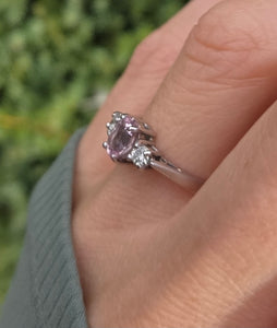 2243 Vintage; 9ct White Gold Pink Morganites Daimons 3-Stone Ring