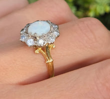 Cargar imagen en el visor de la galería, 2340 Vintage: 18ct Gold Cabochon White Opal (1ct) Natural Diamonds (1ct) Cluster Ring
