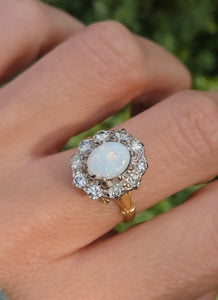2340 Vintage: 18ct Gold Cabochon White Opal (1ct) Natural Diamonds (1ct) Cluster Ring