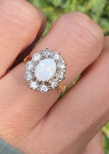Cargar imagen en el visor de la galería, 2340 Vintage: 18ct Gold Cabochon White Opal (1ct) Natural Diamonds (1ct) Cluster Ring
