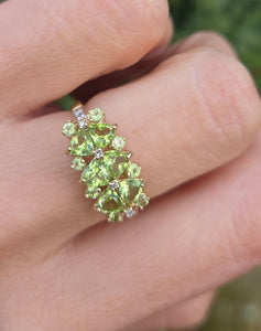 2272 Vintage: 9ct Gold Peridots Natural Diamonds Cluster Ring