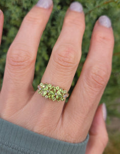 2272 Vintage: 9ct Gold Peridots Natural Diamonds Cluster Ring