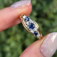 Load image into Gallery viewer, 2249 Vintage: 9ct Gold Cornflower Blue Sapphires Natural Diamonds Crossover Ring
