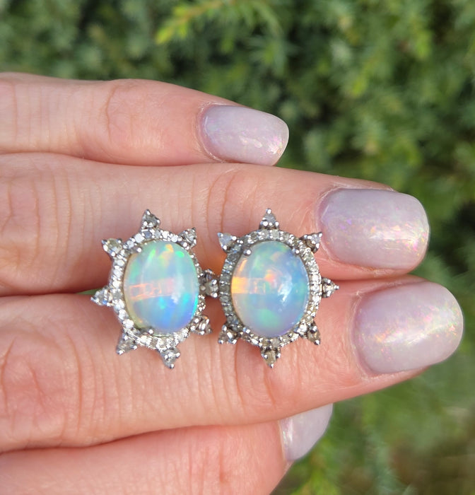 2245 Vintage Silver Two Opals (5.6ct) 76 Natural Diamonds (0.77ct) Stud Earrings
