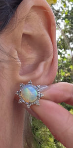 2245 Vintage Silver Two Opals (5.6ct) 76 Natural Diamonds (0.77ct) Stud Earrings