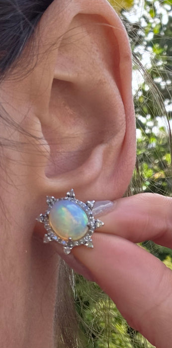 2245 Vintage Silver Two Opals (5.6ct) 76 Natural Diamonds (0.77ct) Stud Earrings