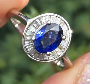 2356 18ct White Gold French Blue Sapphire 24 Natural Baguette Cut Diamonds Cluster