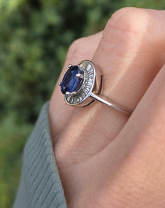 2356 18ct White Gold French Blue Sapphire 24 Natural Baguette Cut Diamonds Cluster