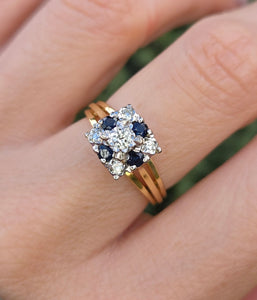 2372 Vintage: 18ct Gold Geometric Set Blue Sapphires Natural Diamonds (0.22ct) Ring- From 1969