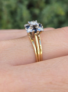 2372 Vintage: 18ct Gold Geometric Set Blue Sapphires Natural Diamonds (0.22ct) Ring- From 1969