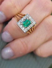 Load image into Gallery viewer, 6273 Vintage 18ct Gold Emerald Cut Emerald 12 Diamonds Square Set Cocktail Ring
