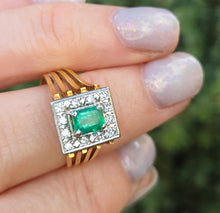 Load image into Gallery viewer, 6273 Vintage 18ct Gold Emerald Cut Emerald 12 Diamonds Square Set Cocktail Ring
