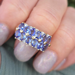 6264 Vintage: 9ct Gold Blue Tanzanites Diamonds Tiered Cocktail Ring