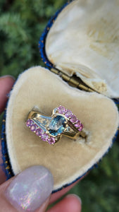 6265 Vintage: 9ct Gold Pink & Green Sapphires Blue Zircon Cocktail Ring