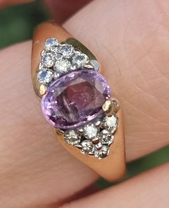 6268 Vintage: 9ct Gold Pink Sapphire 12 Diamonds Dress Ring