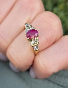 627 Vintage: 14ct Gold Rubies Baguette Diamonds Art Deco Style  Ring