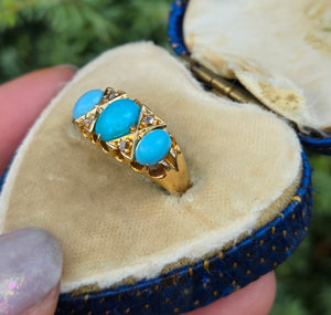 Antique: 18ct Gold Turquoises Diamonds Ring-From 1902
