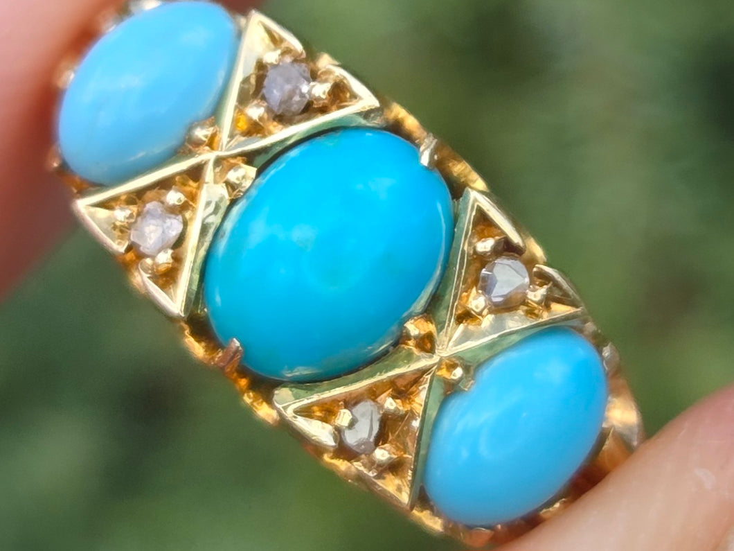 Antique: 18ct Gold Turquoises Diamonds Ring-From 1902