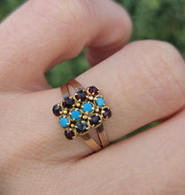 Load image into Gallery viewer, 6269 Vintage Old 9ct Gold Geometric Set Signet Ring Turquoises Garnets
