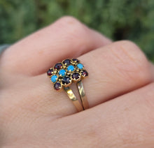 Load image into Gallery viewer, 6269 Vintage Old 9ct Gold Geometric Set Signet Ring Turquoises Garnets
