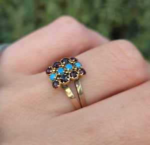 6269 Vintage Old 9ct Gold Geometric Set Signet Ring Turquoises Garnets