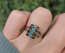 Load image into Gallery viewer, 6269 Vintage Old 9ct Gold Geometric Set Signet Ring Turquoises Garnets
