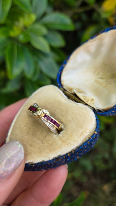 6468 Vintage: 9ct Gold Rubies Natural Diamonds Crossover Dress/Stacker Ring