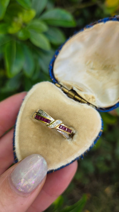 6468 Vintage: 9ct Gold Rubies Natural Diamonds Crossover Dress/Stacker Ring
