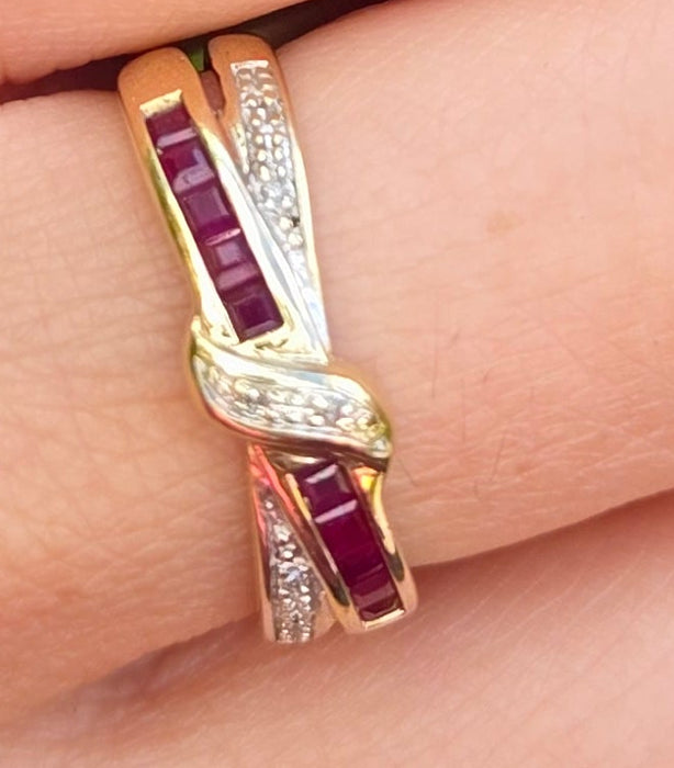 6468 Vintage: 9ct Gold Rubies Natural Diamonds Crossover Dress/Stacker Ring