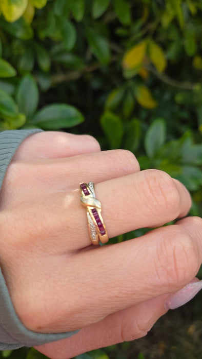 6468 Vintage: 9ct Gold Rubies Natural Diamonds Crossover Dress/Stacker Ring