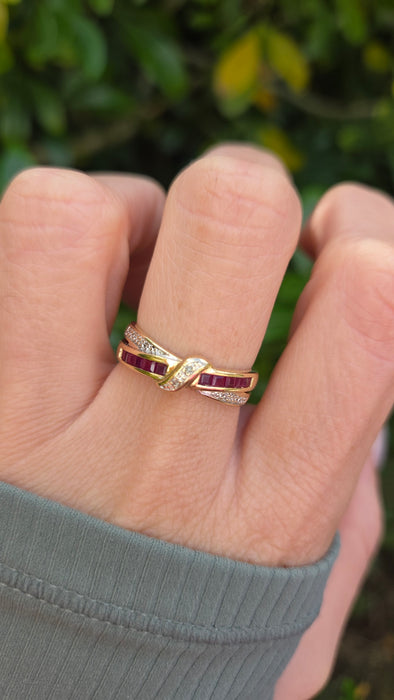 6468 Vintage: 9ct Gold Rubies Natural Diamonds Crossover Dress/Stacker Ring