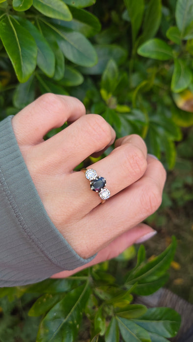 6379 Vintage: 18ct Yellow Gold 1.08ct Australian Blue Sapphire & 0.34ct Diamond Three Stone Ring