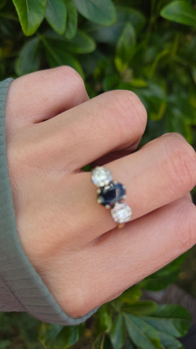 6379 Vintage: 18ct Yellow Gold 1.08ct Australian Blue Sapphire & 0.34ct Diamond Three Stone Ring