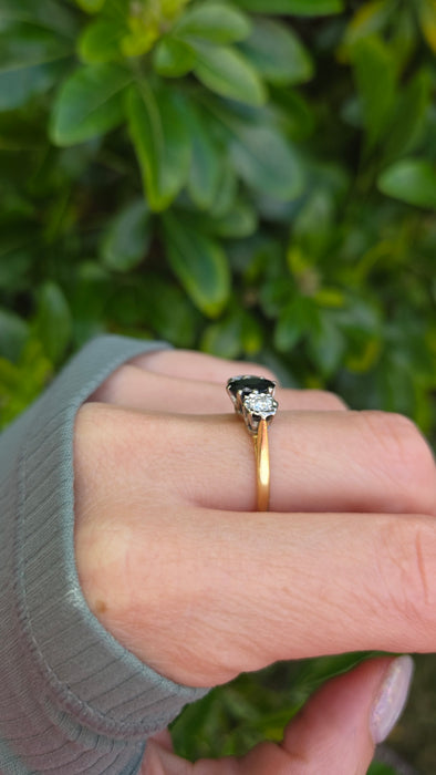 6379 Vintage: 18ct Yellow Gold 1.08ct Australian Blue Sapphire & 0.34ct Diamond Three Stone Ring