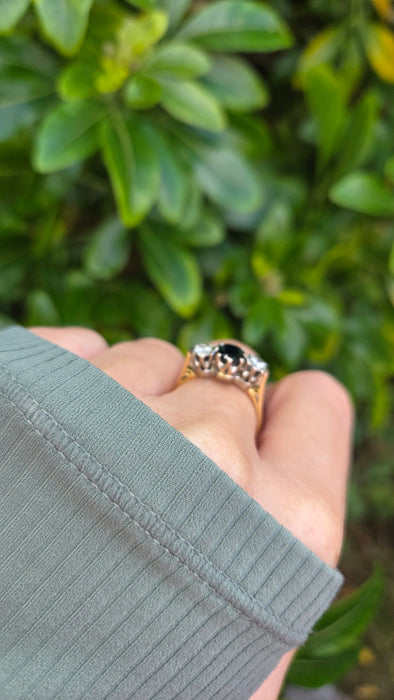 6379 Vintage: 18ct Yellow Gold 1.08ct Australian Blue Sapphire & 0.34ct Diamond Three Stone Ring