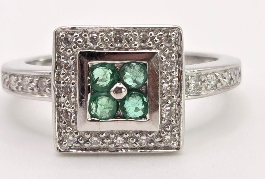 6420- Vintage: 14ct White Gold Emeralds Diamonds Art Deco Style Panel Ring
