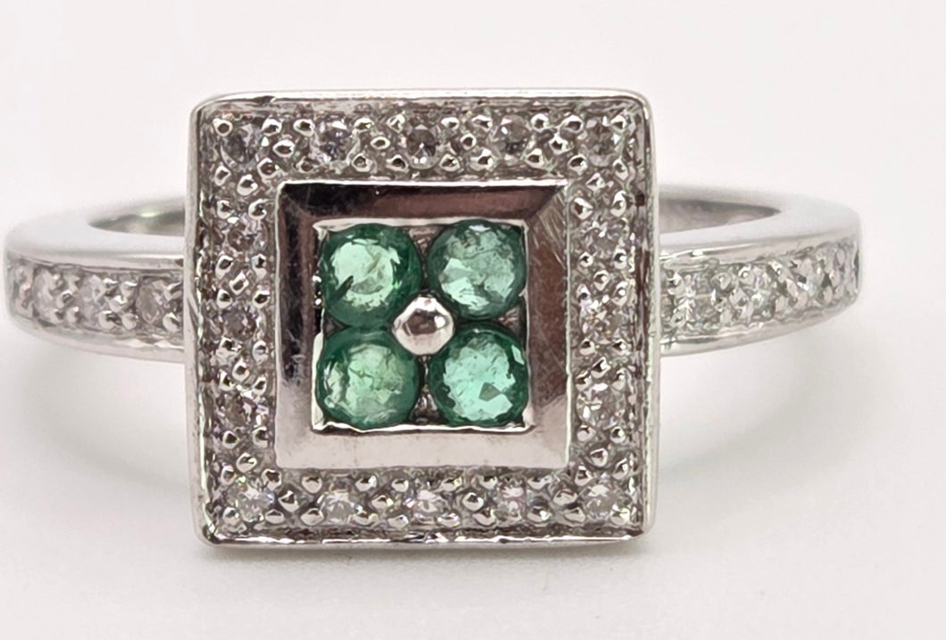 2440- Vintage: 14ct White Gold Emeralds Diamonds Art Deco Style Panel Ring