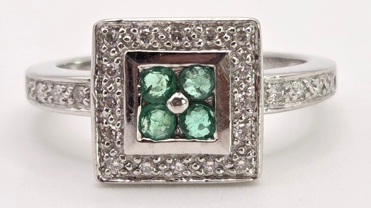 6420- Vintage: 14ct White Gold Emeralds Diamonds Art Deco Style Panel Ring